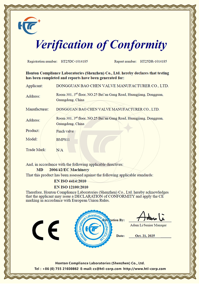 CE certificate for Pinch valve